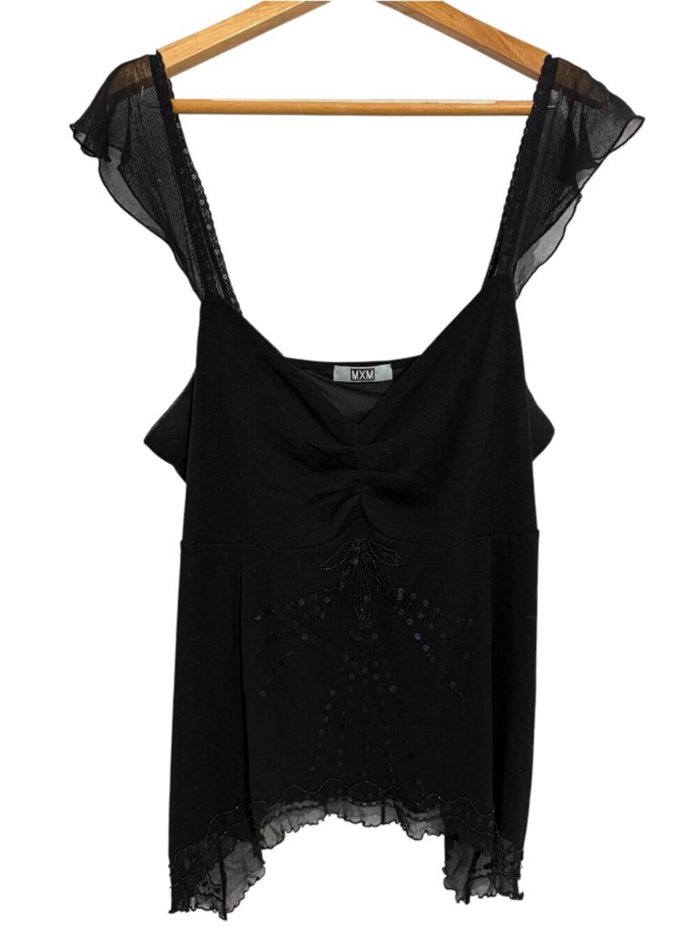 MXM Y2K Black Sequin Fairy Top Asymmetrical Lace Hem 2X